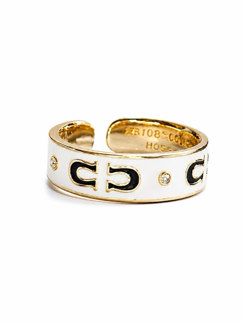 Gold-tone White Enamel C Open Cuff Ring